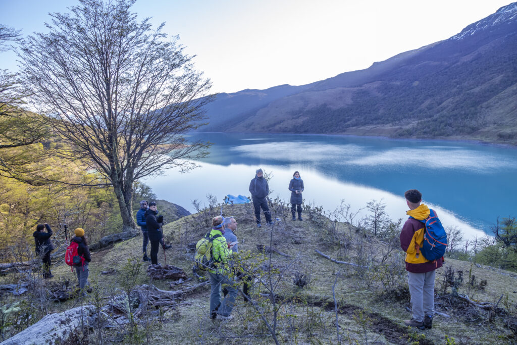 Caminantes contemplando el lago Argentino y el glaciar desde un mirador del bosque